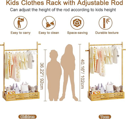 Kids Clothing Rack for Toddler, Pets Clothes Rack with Storage Box & Hanging Rod for Dogs/Cats, Baby Clothes Closet Stand for Nursery Room (Natural, Kids)