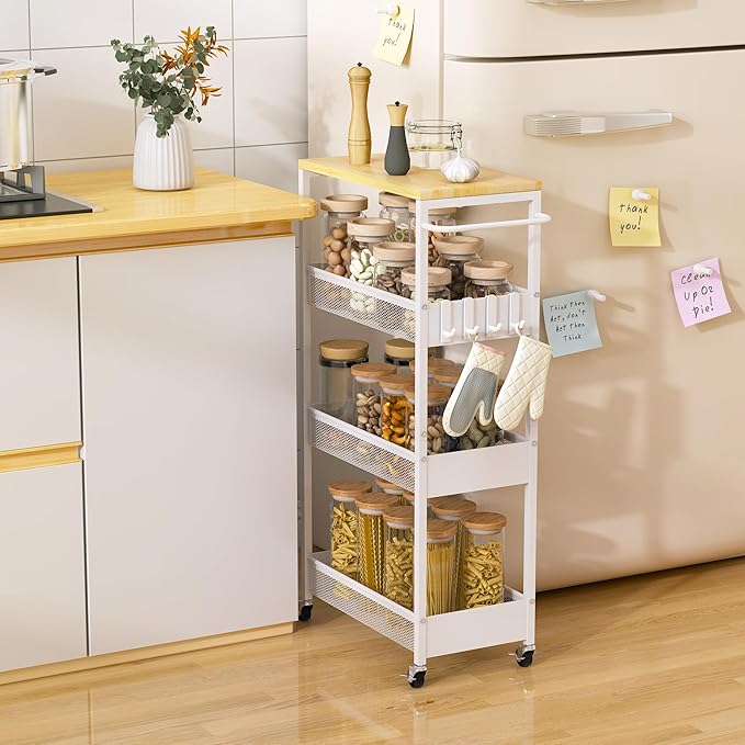 Slim Rolling Utility Cart, 4 Tier Metal Narrow Storage Cart with Handle and Wood Top, Multifunctional Small Mobile Shelf Unit Organizer Trolley for Laundry, Bathroom, Kitchen