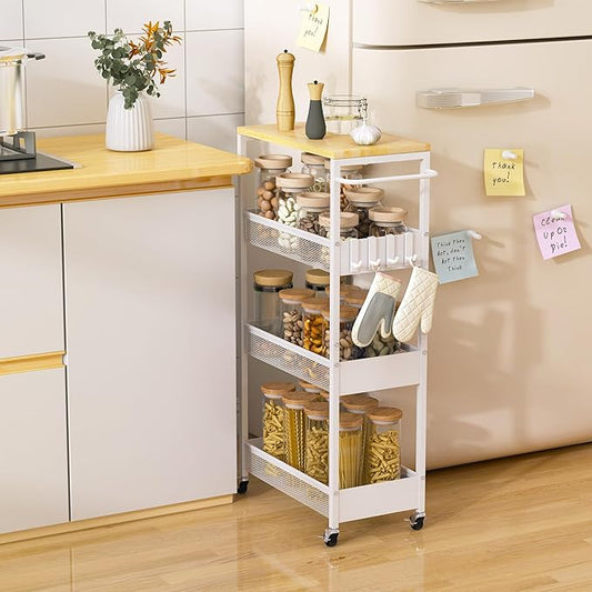 Slim Rolling Utility Cart, 4 Tier Metal Narrow Storage Cart with Handle and Wood Top, Multifunctional Small Mobile Shelf Unit Organizer Trolley for Laundry, Bathroom, Kitchen