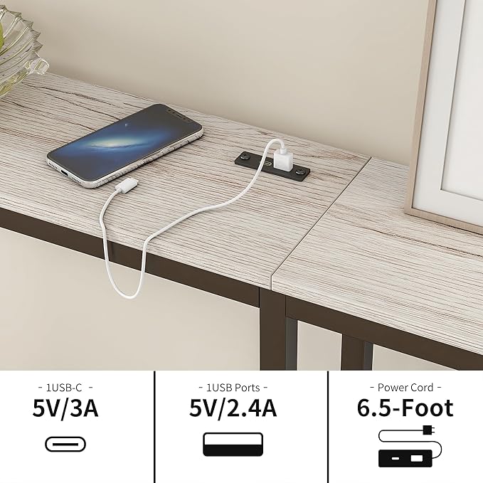 BOFENG 71.5 Inch Thin Console Table with Power Outlets,Narrow Sofa Table with Charging Station,Long Side Table Behind Sofa Couch Table for Entryway,Hallway,Living Room,Foyer,Natural Oak