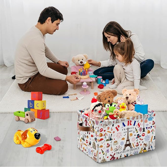 Paris Themed Storage Basket - Eiffel Tower Print Collapsible Bin with Handles - Eiffel Tower Toy Bins - Eiffel Tower Pattern Storages Bin for Kids Clothes, Gifts, Books