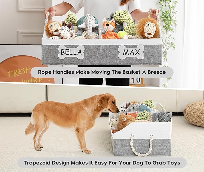 Beveetio Large Dog Toy Basket, Collapsible Fabric Dog Toy Bin with Removable Divider & DIY Tags, Trapezoid Storage Box with Rope Handles for Pet Supplies, Perfect for Living Room Storage-Grey&White