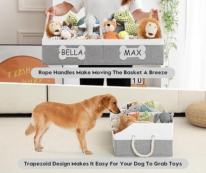 Beveetio Large Dog Toy Basket, Collapsible Fabric Dog Toy Bin with Removable Divider & DIY Tags, Trapezoid Storage Box with Rope Handles for Pet Supplies, Perfect for Living Room Storage-Grey&White