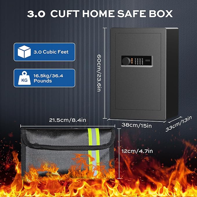 Large Steel Safe Box 3.0 Cuft for Home with LED Light, 6 Locking Bolts Electronic Safe Fireproof with Removable Shelves & Smart Alert, Digital Safe with Fireproof Bag for Document Hotel Office