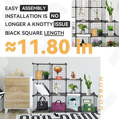 HUBSON Wire Cube Storage Organizer, Book/Toy/Craft/Potted Plants and petCloset Organizers and Storage Shelves, 9-Cube Freely Combinable Metal Grids Storage Shelf,Black Plus Iron