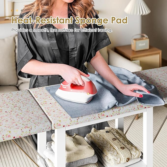 Rolling Ironing Board with Storage Cabinet, Folding Ironing Board with Wheels, Craft Table with Storage, Wooden Fold Down Ironing Station with Heat-Resistant Sponge(White with Wheels)