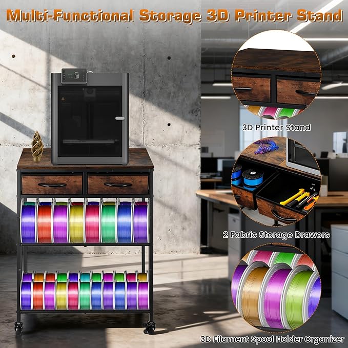 3D Printer Filament Storage Shelf with Drawers& Wheels, Heavy Duty 2-Tier 3D Printer Filament Metal Stand with Storage, Adjustable Filaments Organzied Rack for Workshop Studio Office, 4 Leveling Feet