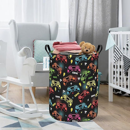 LANGYASHAN Laundry Basket Canvas Fabric Collapsible Organizer Basket for Storage Bin Toy Bins Gift Baskets Bedroom Clothes Children Nursery Hamper (Game)