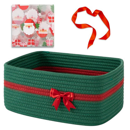 OIAHOMY Large Woven Storage Basket with Handles for Nursery Living Room Shelves, Bow Basket for Gifts Empty with Gift Bags and Ribbons for Baby Showers Pet Toy Bin - Christmas Green