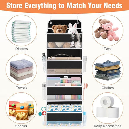 WISELIFE Over The Door Organizer Storage 4 Shelves Large Capacity Hanging Bedroom Storage Solution with 6 Side Pockets for Dorm Bathroom Pantry Nursery and Baby Essentials Holds up to 40 Lbs (Black)