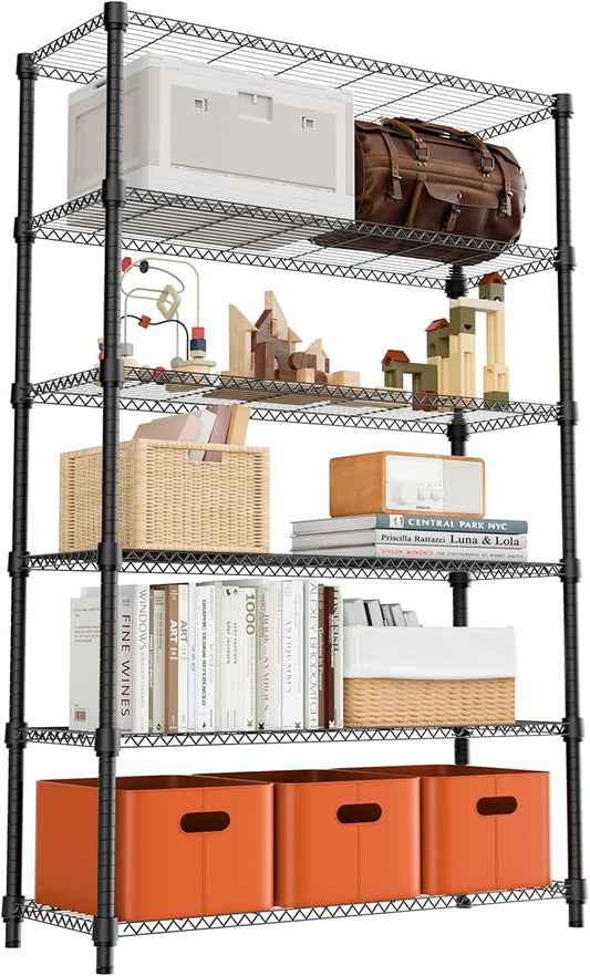 2100LBS 47.2" W 6 Tiers Shelf Storage Shelves Metal Shelving Unit Heavy Duty Garage Shelving Adjustable Wire Shelves for Pantry,Kitchen,Garage,Basement,Black 17.7" D x 47.2" W x 82.4" H