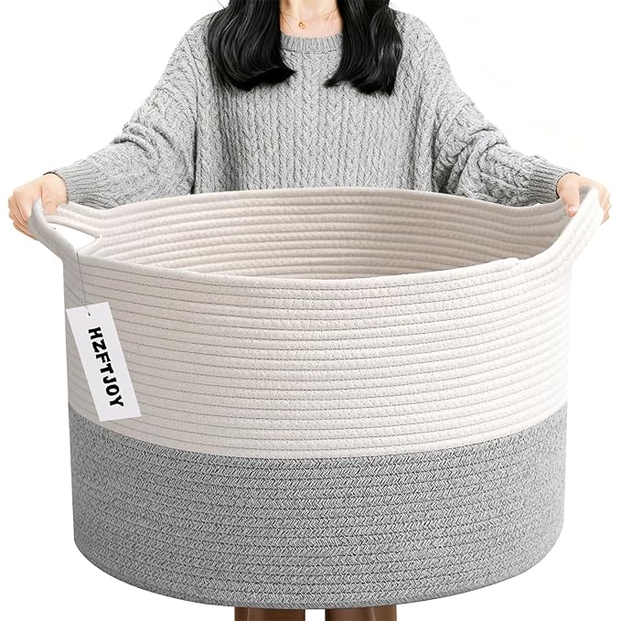 90L Large Blanket Basket,21.7"L x 21.7"W x 13.8"H Rope Woven Baskets with Handles, Toys Storage Bins,Laundry Basket Perfect for Living Room, Nursery,Bedroom,Home Organization,White&Grey