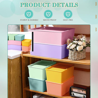 Menkxi 6 Pcs Plastic Storage Bins with Lids Stackable Storage Containers Durable Box Baskets for Organizing Shelves Playroom Classroom Office (Macaron Color,Large and Small)
