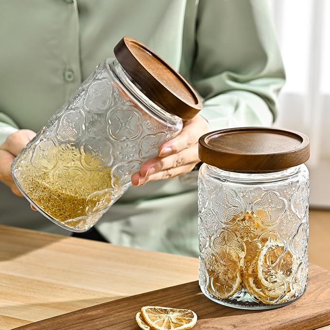 32oz Vintage Glass Jars With Lids, Airtight Food Storage Containers, Kitchen Canisters For Sugar, Coffee, Tea, Spice, Flour, Candy Cookie, Pasta, Cereal, Cute Decorative Jars