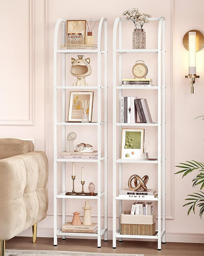 Bookcase Bookshelf, Tempered Glass Arched Bookshelf for More Storage, Slim Shelving Unit for Bedroom, Bathroom, Home Office, Steel Frame, 6 Tier White BC20699W