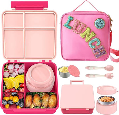 Kids Bento Lunch Box with 8oz Soup Thermo, Kids Leakproof Lunch Food Containers with 4 Compartment,Insulated Hot Food Jar with Lunch Bag for School, Travel (Pink)