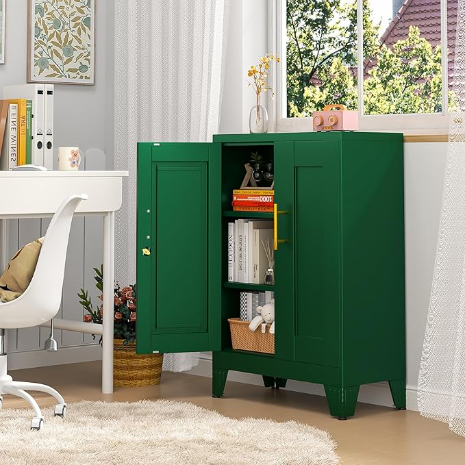 35.43" Lockable Metal Storage Cabinet, Steel Locker File Cabinet with 2 Doors ＆ 2 Adjustable Shelves, Multi-Purpose Organizer for Home, Office File Storage & Garage Locker (Green)