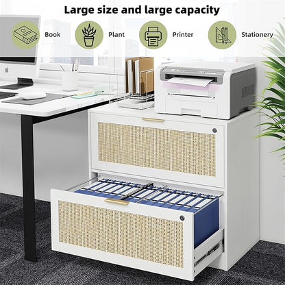 HOPUBUY 2 Drawer File Cabinet with Lock, Printer Stand Lateral Filing Cabinets for Home Office and School, Wood Rattan File Cabinet for Hanging Files/Letter/Legal/A4/F4 Size, White