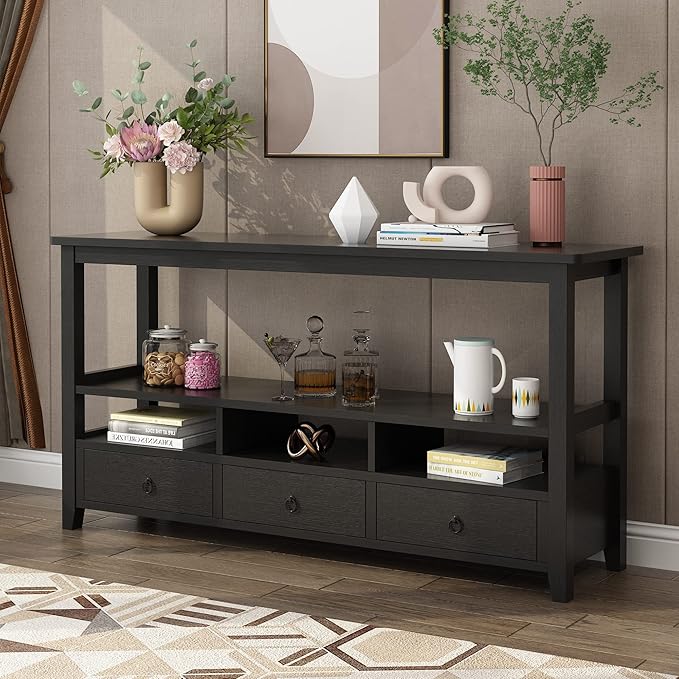 VINGLI 58" Console Table, Long Entryway Table with 3 Drawers & 2 Storage Shelves, Vintage Sofa Table Behind Couch, TV Stands for Living Room, Entryway, Hallway, Foyer, Office, Black