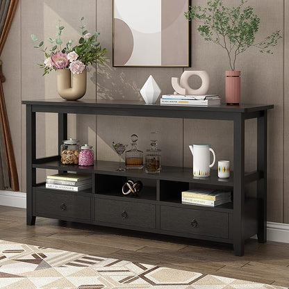 VINGLI 58" Console Table, Long Entryway Table with 3 Drawers & 2 Storage Shelves, Vintage Sofa Table Behind Couch, TV Stands for Living Room, Entryway, Hallway, Foyer, Office, Black