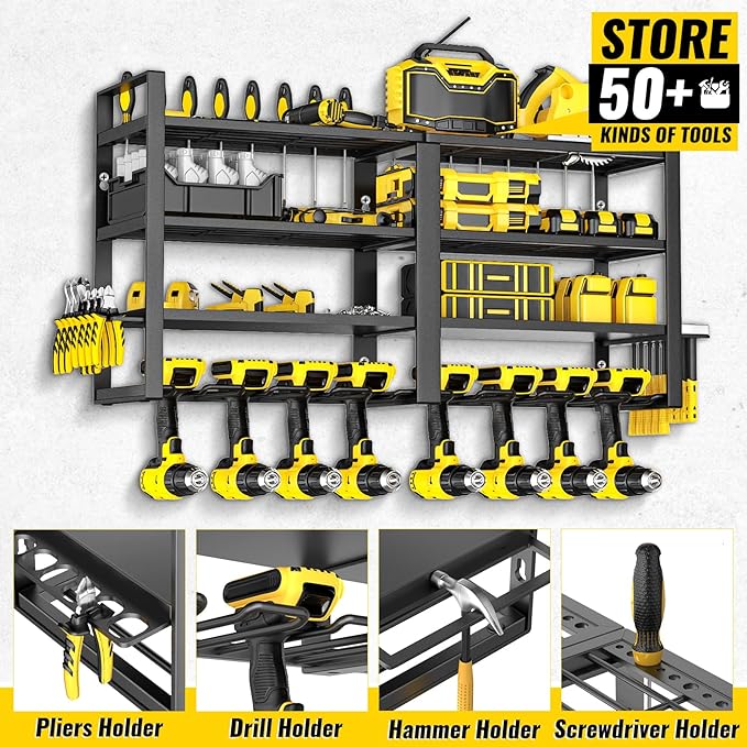 Power Tool Organizer Wall Mount, 4 Layer Heavy Duty Metal Power Tool Storage Rack, 8 Drill Holders Wall Mount, Utility Racks Cordless Tool Storage Rack for Garage Workshop