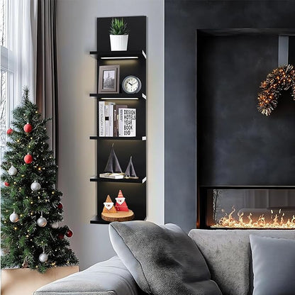 5 Tier Wall Shelf Unit, Black Shelves,Lack Shelf, Wall Shelves for Bedroom，Office,Bathroom, Vanity Shelves with LED Remote Control Light