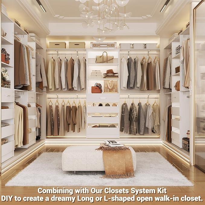 Aheaplus Closet System with Drawers Set of 2, Wood Closet Organizer System with 8 Hanging Rods & Top Shelves, Walk-in Closets Organizer Wardrobe Clothes Rack System, Cut Fits Spaces 4-9FT, White1