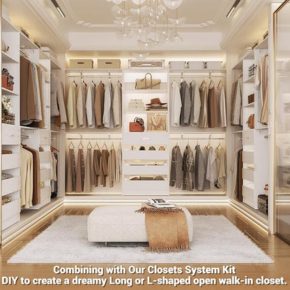Aheaplus Closet System with Drawers Set of 2, Wood Closet Organizer System with 8 Hanging Rods & Top Shelves, Walk-in Closets Organizer Wardrobe Clothes Rack System, Cut Fits Spaces 4-9FT, White1