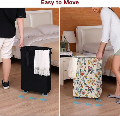 efluky Slim Laundry Hamper with Wheels, Rolling Laundry Basket for Clothes, Small Laundry Basket for Bedroom, Dorm and Laundry Room, 75L (19.8 Gallons) Floral