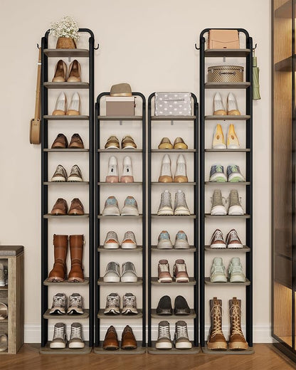 10 Tiers Vertical Shoe Rack, Narrow Shoe Tower, Tall Shoes Shelf with 2 Hooks, Adjustable Shelves, Corner Shoes Shelves for Small Spaces, Entryway, Living Room, Greige SR11205B