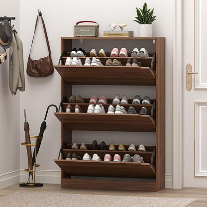 Shoe Cabinet with 3 Flip Drawers, Slim Narrow Shoe Storage Cabinet, Freestanding Shoe Organizer with Adjustable & Removable Shelves, Top Display Shelf for Entryway, Hallway, Foyer, Closet