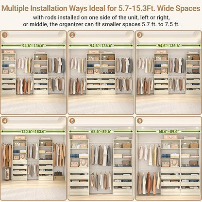 Aheaplus Closet System, 6-15Ft Closet Organizer with 8 Wooden Drawers, Wood Closet Organizer System with Tower, Walk-in Closet Organizer Wardrobe Garment Clothes Rack with 4 Hanging Rods, White Oak