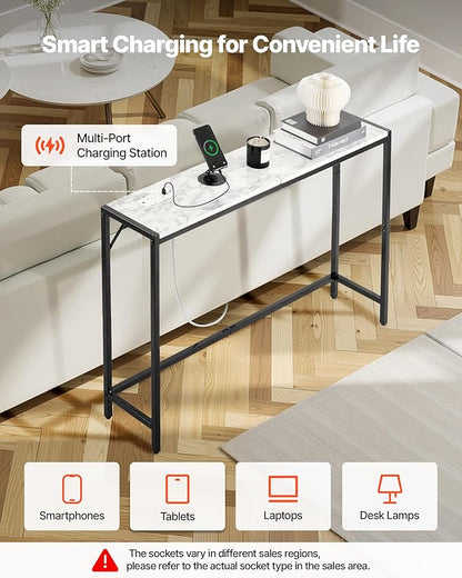 VEVOR Marble Console Table, Modern Narrow Long Console Table with Power Outlet, Thin Sofa Side Table with Iron Tubes, Anti-Tip Device and Triangular Support for Living Room, Hallway, Entryway, Foyer