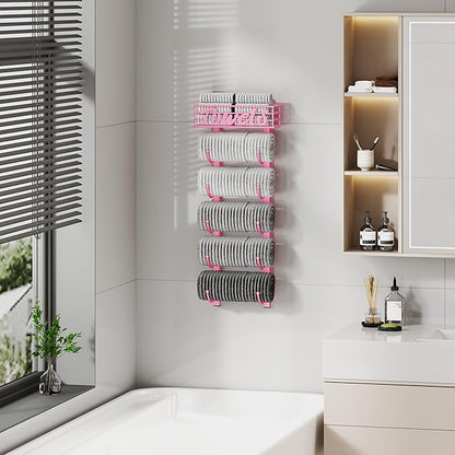 SWTYMIKI Hanging Towel Racks for Bathroom - 9 Tier Over The Door & Wall Mounted Bath Rolled Towel Storage Organizer Holder for Small Bathroom, RV, Camper (Pink, 6-Tier)