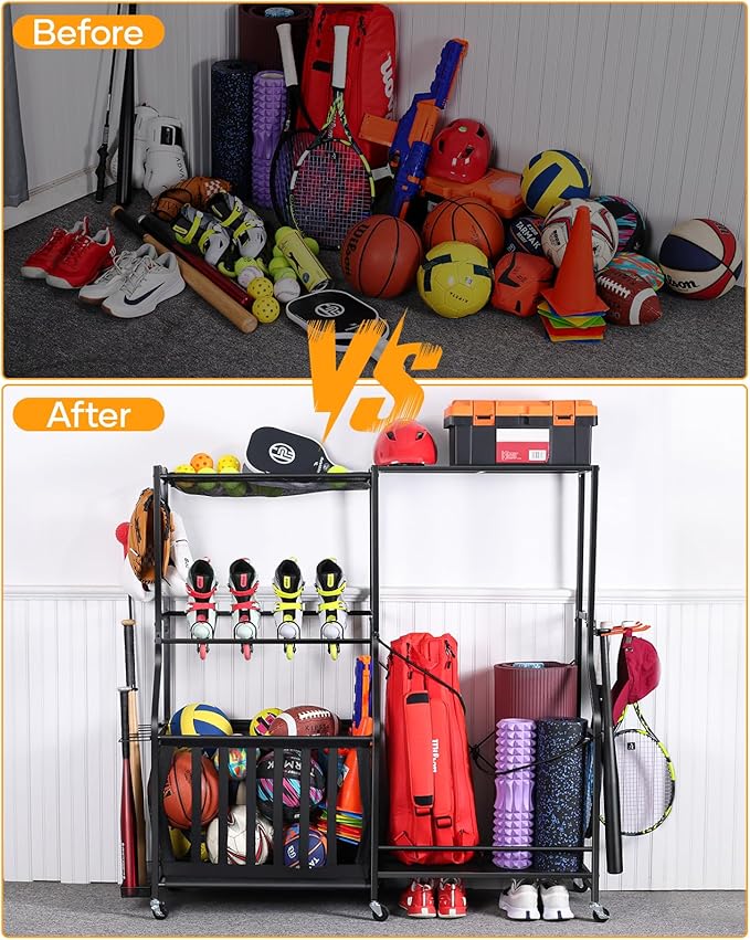 Garage Sports Equipment Organizer with Wheels - Golf Bag Storage Rack and Ball Storage Bins, Heavy Duty Rolling Garage Organizer System with Basket and Hooks for Indoor (Black-Large)