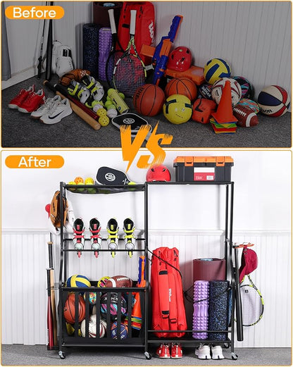 Garage Sports Equipment Organizer with Wheels - Golf Bag Storage Rack and Ball Storage Bins, Heavy Duty Rolling Garage Organizer System with Basket and Hooks for Indoor (Black-Large)