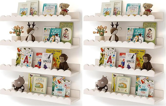Shario Nursery Book Shelves, 8-Pack White Floating Shelves for Wall Kids, Scalloped Shelves, Wall Book Shelves for Bedroom Kids, Toddler Room, Baby Room, Nursery Decor