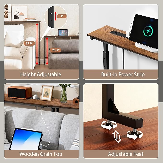 45 inch Narrow Console Table with Outlet,Adjustable Height(25"-37") Behind Sofa Table,Couch Behind Table Skinny,Couch Shelf with Charging Station,Long Entryway Tables for Living Room,Brown