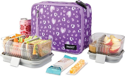 PackIt® Freezable Classic Lunch Box, Leopard Hearts Purple, Built with EcoFreeze® Technology, Reusable, Zip Closure With Zip Front Pocket and Buckle Handle, Designed for Fresh Lunch On the Go