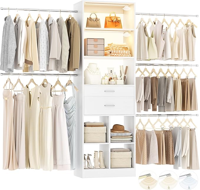 Closet System, 4-8 FT Closet Organizer with Smart Sensor Lights, 2 Wooden Drawers and 5 Hanging Rods, Can Fit 60 to 96 inch Walk-in Closet System, White
