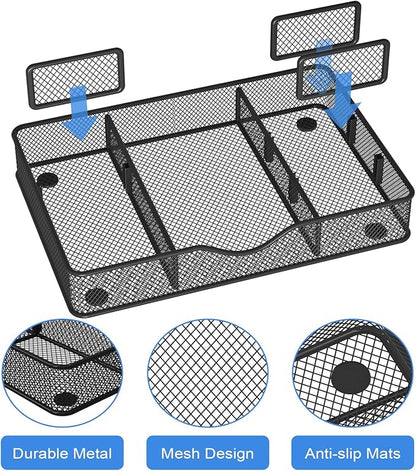 Desk Drawer Organizer, Metal Mesh Drawer Organizer Tray with 6 Adjustable Compartment, Tray Organizer for Desktop, Kitchen, Bathroom, Makeup, Vanity - 14.5x8.8x1.96 inch, Black, 1PC Large