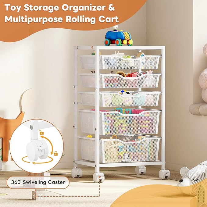Rolling Storage Cart with 5 Drawers, Metal Utility Cart with Lockable Wheels, Craft Storage Art Cart, Rolling Drawer Cart for Living Room, Bedroom, Bathroom, Office, Home, White