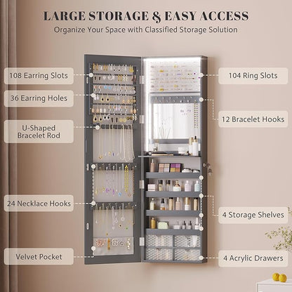 Vlsrka 47.2" LED Grey Jewelry Mirror Cabinet, Wall/Door Mounted Jewelry Armoire Organizer with Full-Length Mirror, Large Capacity Storage Hanging Cabinet, 4 Drawers, 5 Shelves