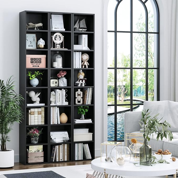 FOTOSOK 2 Pcs 71'' Tall Narrow Bookshelf, 8-Tier Media Tower Rack Set of 2, CD DVD Storage Cabinet with Adjustable Shelves, Tall Narrow Bookcase Skinny Display Bookshelf Slim Shelf, Black