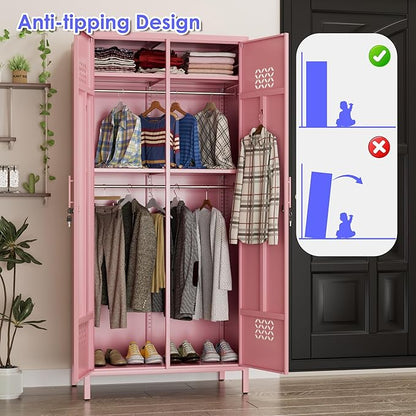 Aobab Metal Wardrobe Closet with 2 Doors, 19" Deep Metal Wardrobe Cabinet with 4 Adjustable Shelves and 2 Hannging Rods, Storage Locker for Home, Pink, Assembly Required