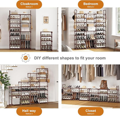 WOWLIVE 9 Tiers Shoe Rack Shoe Storage Shoe Organizer 30-35 Pairs Shoe Tower Unit Shelf Durable Metal Pipes with Plastic Connectors Stackable Cabinet Brown