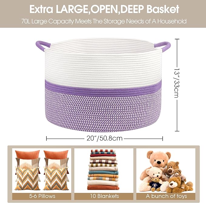 Large Cotton Rope Storage Basket, 20''x13'' Woven Laundry Hamper for Living Room, Nursery, Toys, Blanket Organization with Handles (White and Purple)