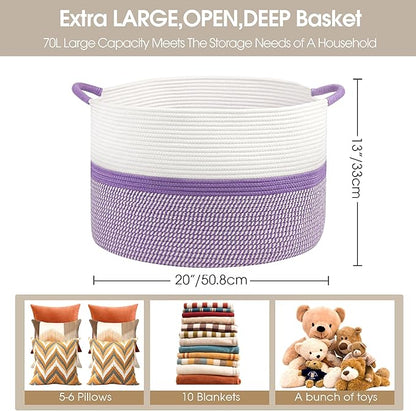 Large Cotton Rope Storage Basket, 20''x13'' Woven Laundry Hamper for Living Room, Nursery, Toys, Blanket Organization with Handles (White and Purple)