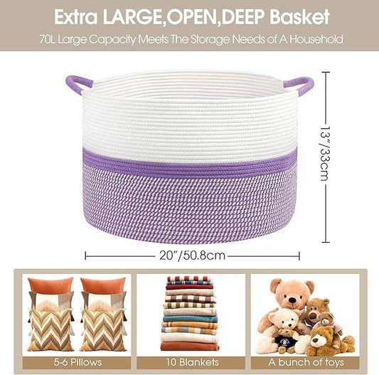Large Cotton Rope Storage Basket, 20''x13'' Woven Laundry Hamper for Living Room, Nursery, Toys, Blanket Organization with Handles (White and Purple)