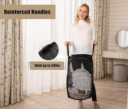 2 Pcs Strong Mesh Pop-up Laundry Hamper, Quality Pop Up Hampers for Laundry with Durable Handles Solid Bottom High Carbon Steel Frame, Easy to Open and Fold Flat for Storage(Black)